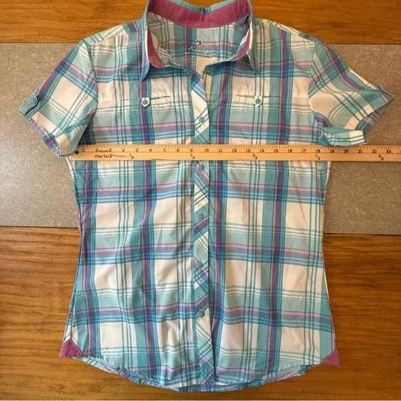 KUHL Women’s Plaid Button Up Short Sleeve Hiking Shirt Blue White Purple Medium - Picture 5 of 12